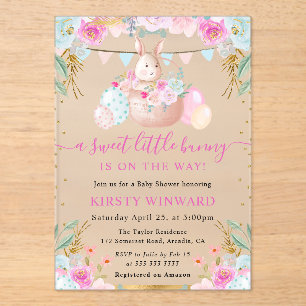 Invitaciones Acrílicas Conejo de Pascua y flores en acuarela Baby Shower
