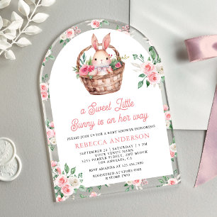 Invitaciones Acrílicas Conejo Floral Rosa Dulce Niña Arco Baby Shower