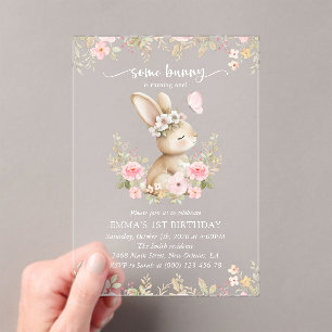 Invitaciones Acrílicas Conejo, Mariposa, Flores Rosadas, Primer Cumpleaño