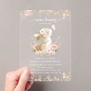 Invitaciones Acrílicas Conejo, Mariposa, Flores Rosadas, Primer Cumpleaño