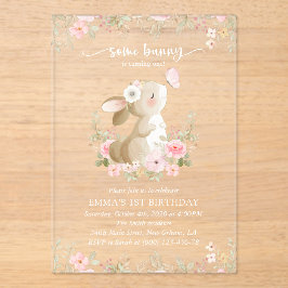 Invitaciones Acrílicas Conejo, Mariposa, Flores Rosadas, Primer Cumpleaño