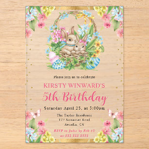 Invitaciones Acrílicas Conejos de Pascua en acuarela Primavera Cumpleaños