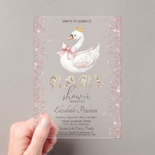 Invitaciones Acrílicas Confeti Brillante Floral Cisne Arco Baby Shower