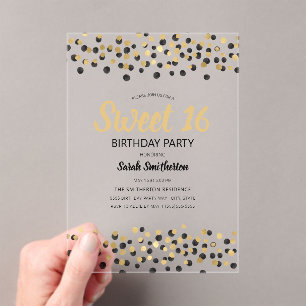 Invitaciones Acrílicas Confeti de Purpurina Dorada Negra Sweet 16