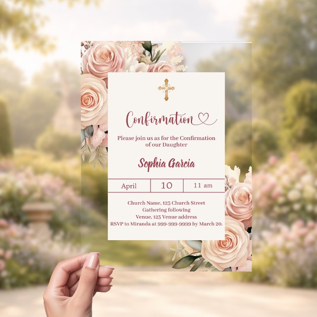 Invitaciones Acrílicas Confirmação de lujo con florales rosa polvoriento  (Subido por el creador)