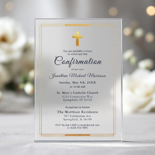Invitaciones Acrílicas Confirmación Azul Marino Dorado Minimalista Niño 