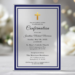 Invitaciones Acrílicas Confirmación Azul Real Blanco Minimalista Niño