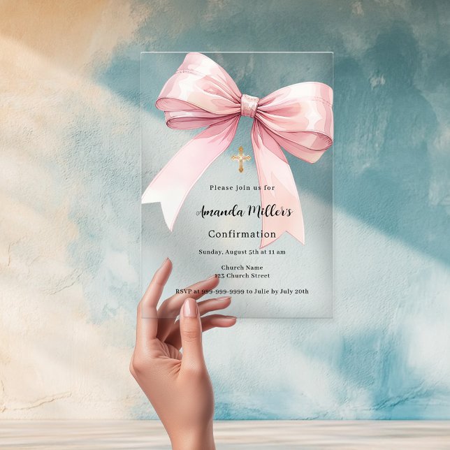 Invitaciones Acrílicas Confirmación clara del chica de arco rosado (Subido por el creador)