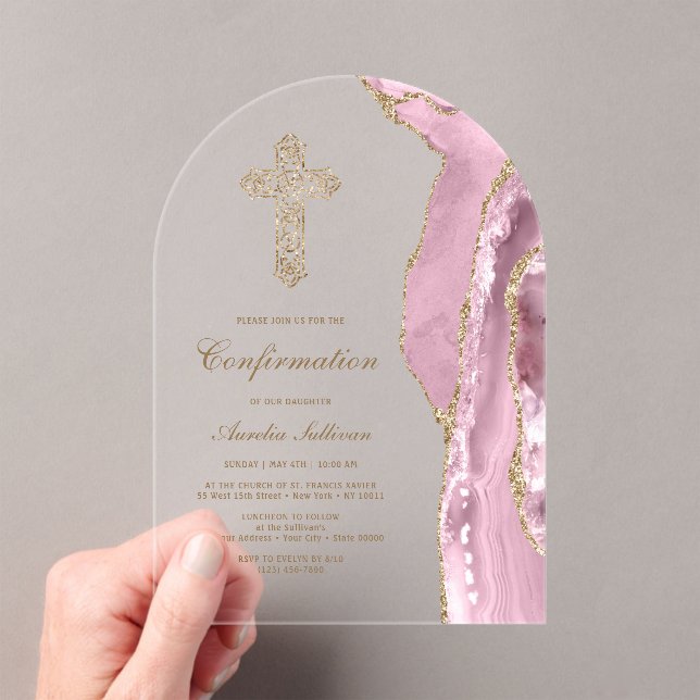 Invitaciones Acrílicas Confirmación de Ágata Rosada (Insitu (portátil))
