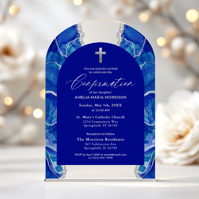 Invitaciones Acrílicas Confirmación de Agate Royal Blue Silver Modern (Subido por el creador)