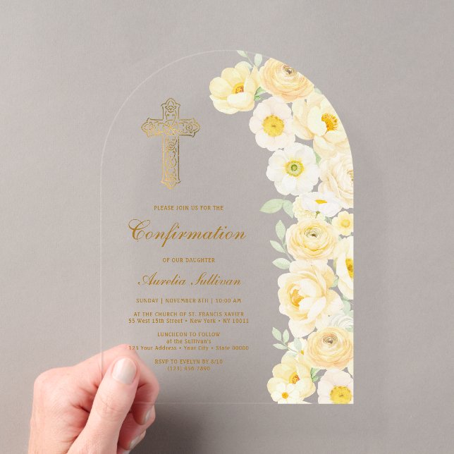Invitaciones Acrílicas Confirmación de Arco de Flores Amarillas (Insitu (portátil))