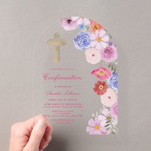Invitaciones Acrílicas Confirmación de Arco de Flores de Acuarela