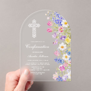 Invitaciones Acrílicas Confirmación de arco de flores frescas elegantes d