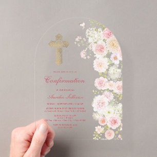 Invitaciones Acrílicas Confirmación de Arco de Flores Rosadas y Melocotón