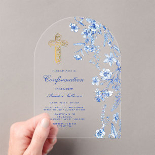 Invitaciones Acrílicas Confirmación de Arco de Flores Silvestres Azules F