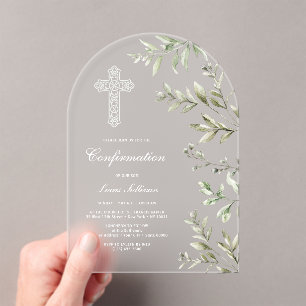 Invitaciones Acrílicas Confirmación de arco de follaje de acuarela elegan