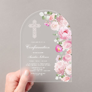 Invitaciones Acrílicas Confirmación de Arco de Peonías Rosadas Acuarela