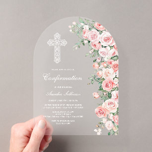 Invitaciones Acrílicas Confirmación de Arco de Rosas Elegantes con Rubor 
