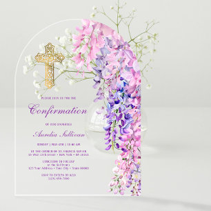 Invitaciones Acrílicas Confirmación de Arco de Wisteria Acuarela