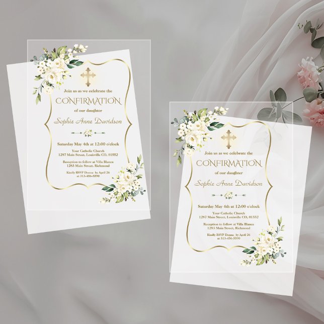 Invitaciones Acrílicas Confirmación de cruz de oro de flores blancas eleg (Subido por el creador)