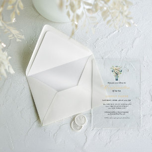 Invitaciones Acrílicas Confirmación de Cruz Floral Acuarela Elegante