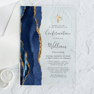 Invitaciones Acrílicas Confirmación de destellos de oro Ágata Azul Marino