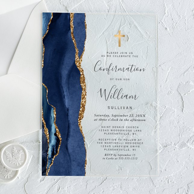 Invitaciones Acrílicas Confirmación de destellos de oro Ágata Azul Marino (Subido por el creador)