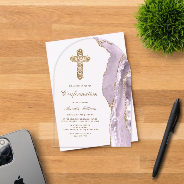 Invitaciones Acrílicas Confirmación de Dusty Lilac Agate (Insitu (Tarjeta de Invitación))