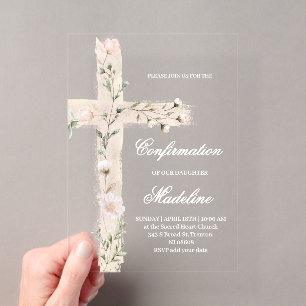 Invitaciones Acrílicas Confirmación de la Santa Cruz floral