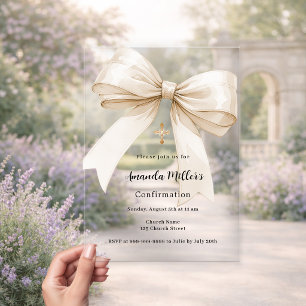Invitaciones Acrílicas Confirmación de lazo crema beige niña clara