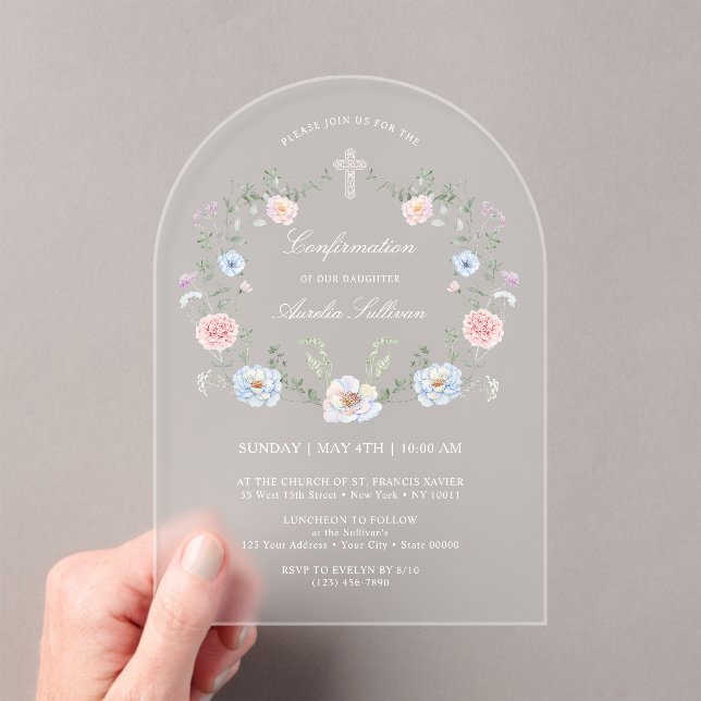 Invitaciones Acrílicas Confirmación de marco floral elegante (Insitu (portátil))