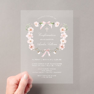 Invitaciones Acrílicas Confirmación de Marco Floral Rosa Claro