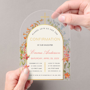 Invitaciones Acrílicas Confirmación de niña Arco dorado floral acuarela