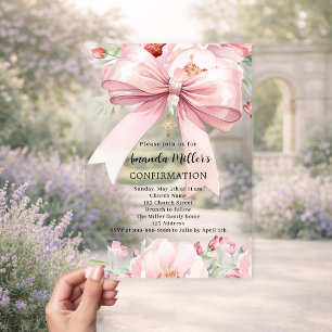 Invitaciones Acrílicas Confirmación de niña con flores de lazo rosa claro