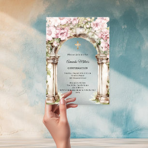 Invitaciones Acrílicas Confirmación de niña con flores rosadas en arco
