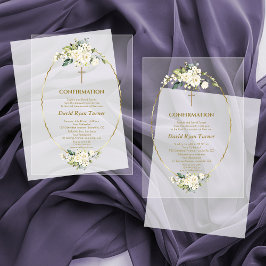 Invitaciones Acrílicas Confirmación de Niño Flores Blancas de Lujo Dorado