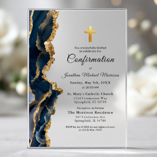 Invitaciones Acrílicas Confirmación de Oro Ágata Azul