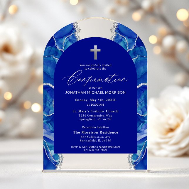 Invitaciones Acrílicas Confirmación del Agate Royal Blue Silver Elegante (Subido por el creador)