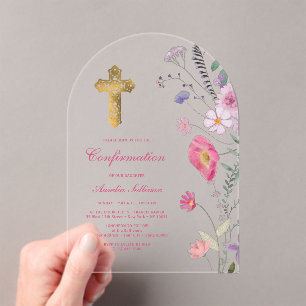 Invitaciones Acrílicas Confirmación del Arco de Flores Silvestres de Prim