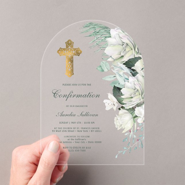 Invitaciones Acrílicas Confirmación del Arco Verde de Flores Blancas (Insitu (portátil))