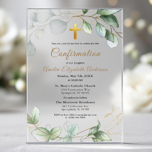 Invitaciones Acrílicas Confirmación Eucalipto Verde Dorado Niña