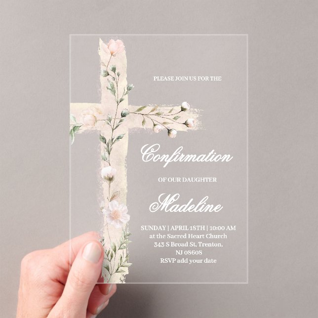 Invitaciones Acrílicas confirmación floral de la cruz sagrada (Insitu (portátil))