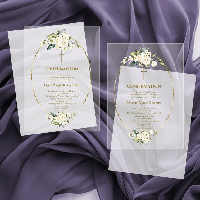 Invitaciones Acrílicas Confirmación Gold Boy de Flores Blancas de Lujo (Subido por el creador)
