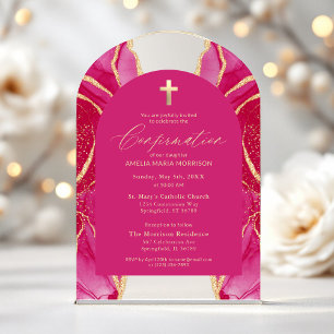 Invitaciones Acrílicas Confirmación moderna de ágata dorada rosa caliente