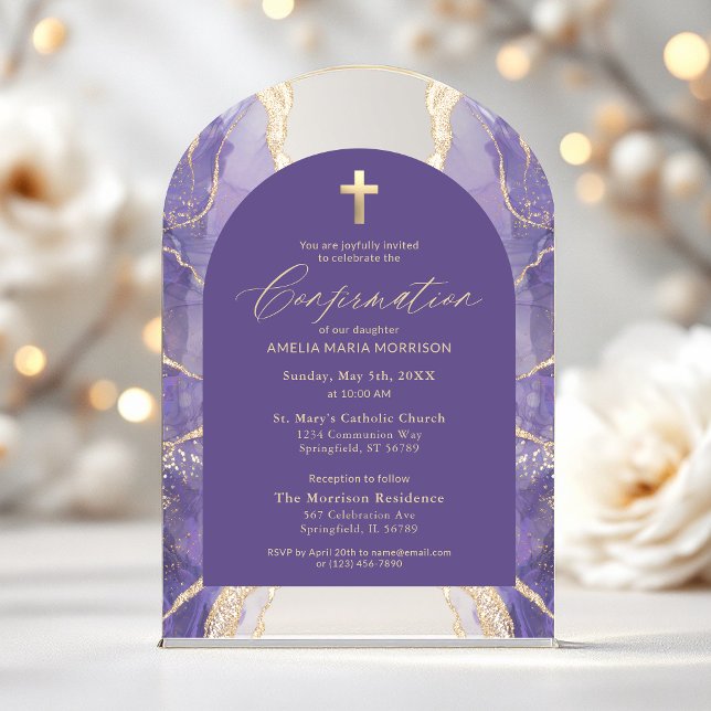 Invitaciones Acrílicas Confirmación moderna de Lavender Purple Gold Agate (Subido por el creador)