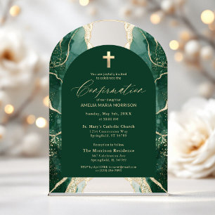Invitaciones Acrílicas Confirmación Moderna Esmeralda Verde Oro Ágata