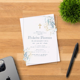 Invitaciones Acrílicas Confirmación Para Él Moderno Foliage Gold Cross