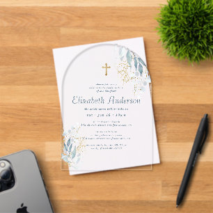 Invitaciones Acrílicas Confirmación para su cruz dorada de follaje modern