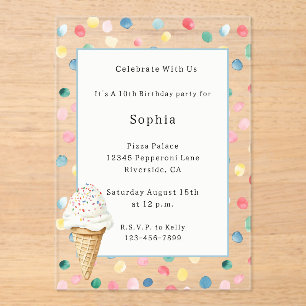Invitaciones Acrílicas Cono de helado de cumpleaños con confeti colorido