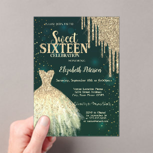 Invitaciones Acrílicas Cool Gold Glitter Drips,Vestido Verde Dulce 16